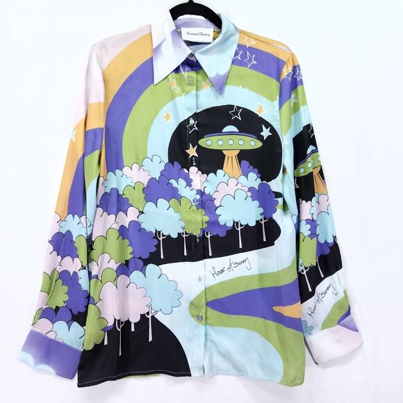 House Of Sunny Nice To Meet You Shirt Womens Size 2 Satin Graphic Button Front - Picture 1 of 16